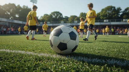 Fototapeta premium Youth soccer match featuring a ball on the field and young players in yellow jerseys in the background.