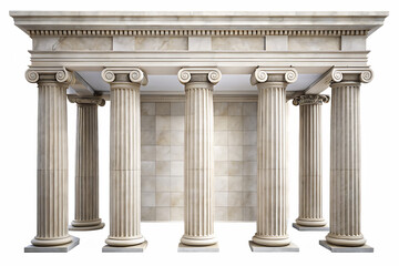 Six symmetrical Doric columns with ornate capitals supporting a marble entablature isolated on a transparent background