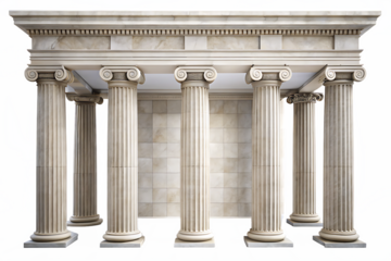 Six symmetrical Doric columns with ornate capitals supporting a marble entablature isolated on a transparent background