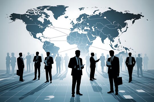 Silhouetted business people standing before a world map with connecting lines shown