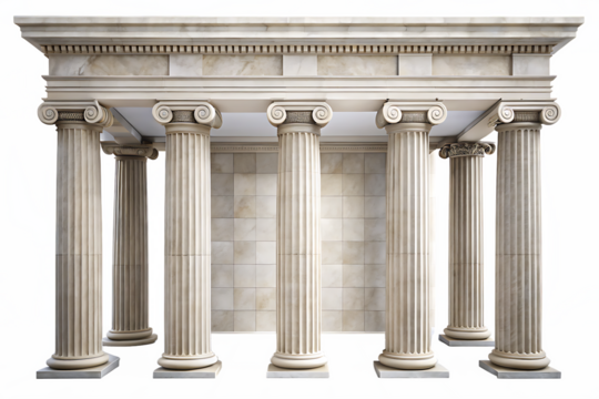 Six symmetrical Doric columns with ornate capitals supporting a marble entablature isolated on a transparent background