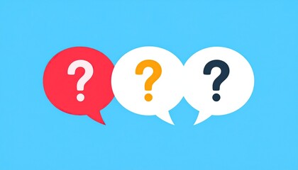 Three colorful speech bubbles show question marks, representing confusion or inquiry.