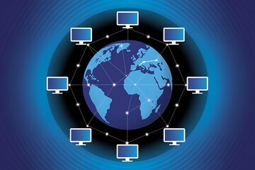 Illustration of a world globe surrounded by computers connected with dotted lines