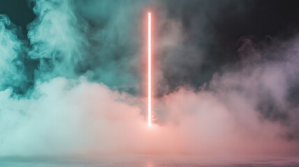Vibrant neon light beam pierces through swirling fog in a dimly lit space during a creative performance