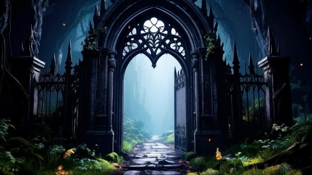 Mystical gothic archway with open gate leading into a mysterious forest clearing with stone path, moody atmosphere