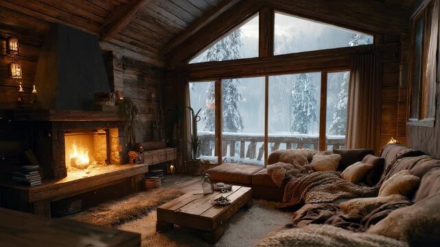 Cozy living room of a winter cabin with a lit fireplace warm throw blankets and depth of cold winter snow outside the window animated virtual backgrounds, stream overlay loop wallpaper