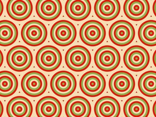Seamless retro pattern with concentric circles in red, green, and beige, perfect for vintage-inspired designs.