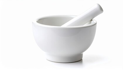 Pristine white ceramic mortar and pestle set against a clean, bright background