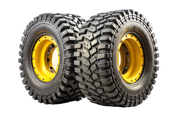 Two large off-road monster truck tires with yellow rims stacked in a studio setting isolated on a transparent background