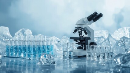 Fototapeta premium Scientific analysis with microscope, test tubes and ice, showcasing a fusion of research and innovation