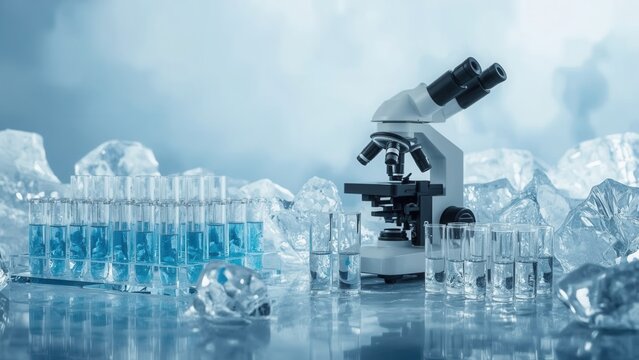 Scientific analysis with microscope, test tubes and ice, showcasing a fusion of research and innovation