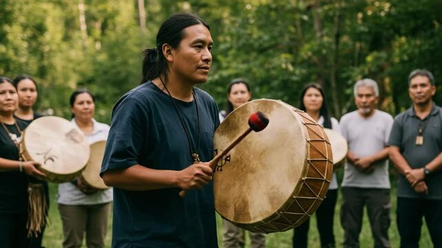 Man playing drum while leading group in forest during ceremony  