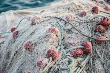 Vibrant fishing nets and buoys piled on a dock, ready for the sea, closeup