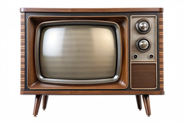 Vintage wooden television with static screen and glitch border isolated on a transparent background vintage television