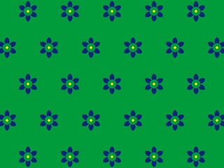 Seamless pattern of stylized blue flowers on a green background, perfect for textile prints, wallpapers, or packaging designs.