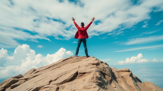 Reaching the Summit: A triumphant figure stands atop a majestic mountain peak, arms outstretched in celebration of a hard-won victory, under a vibrant sky.