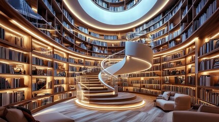 A circular library design with a spiral staircase.