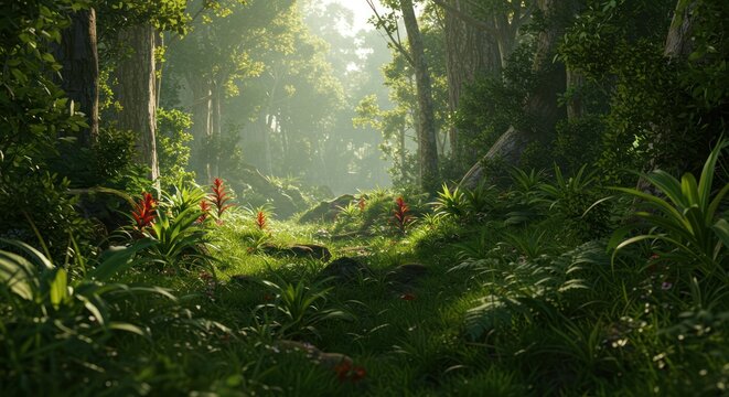 Lush Rainforest Path Sunlight Dappled Jungle Trail