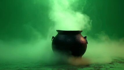 Emanating smoke from a black cauldron against a green screen background creates a spooky and mysterious atmosphere, perfect for halloween or magical themes