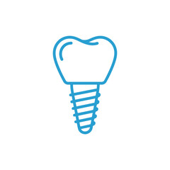 Simple blue line icon of a dental implant with a tooth crown on a white background