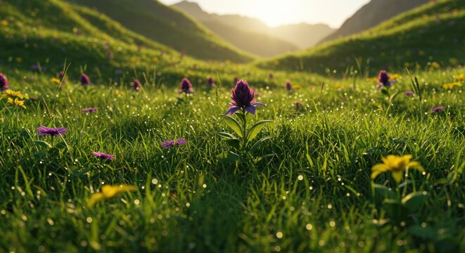Alpine Meadow Sunrise Vibrant Wildflowers in Mountain Valley