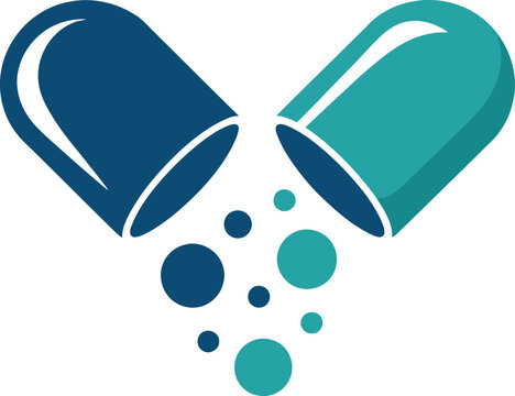 Abstract medical capsule with falling powder particles in two colors