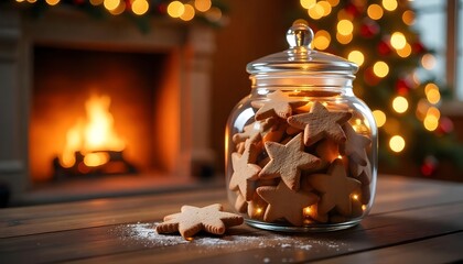 Beautiful star-shaped cookies in a glass jar, beautifully set against a backdrop of a warm fireplace and holiday lights.