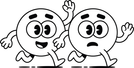 Two cartoon circles with faces running one happy and one scared