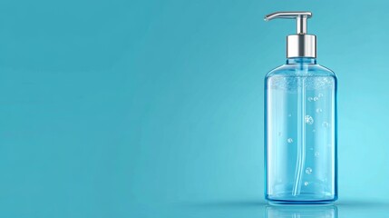 Clear blue pump bottle with bubbles on a smooth blue background ideal for skincare or hygiene products