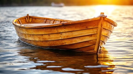 Obraz premium Wooden rowboat on tranquil lake at golden sunset