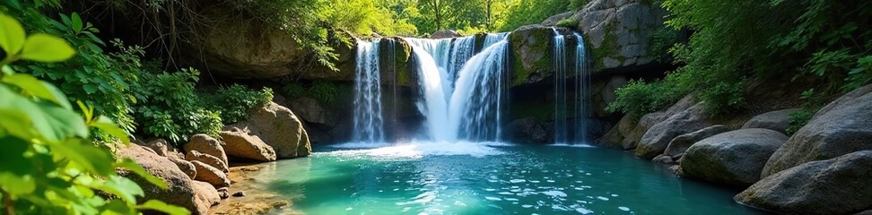 Fototapeta premium Serene Waterfall Cascading over Mossy Rocks into a Crystal-Clear Pool, Lush Summer Foliage, Bright Blue Sky - Perfect for Travel and Relaxation