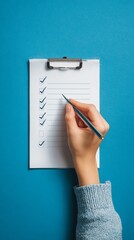 Hand checking off items on a clipboard with a blue background, representing organization and productivity