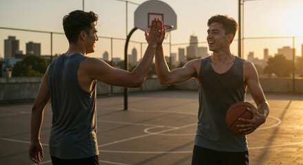 Two young male friends sharing a high five on a basketball court celebrating International Friendship Day with a game of basketball together