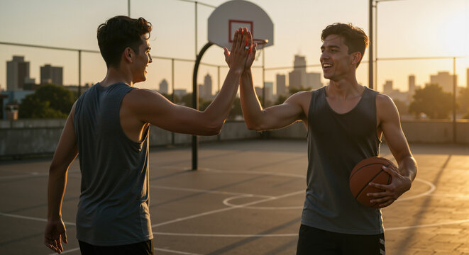 Two young male friends sharing a high five on a basketball court celebrating International Friendship Day with a game of basketball together