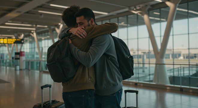 Two friends embrace warmly at the airport on International Friendship Day celebrating their bond and connection