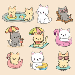 Obraz premium Kawaii Cats Playing and Eating – Cute Cat Vector Set for Kids and Stickers