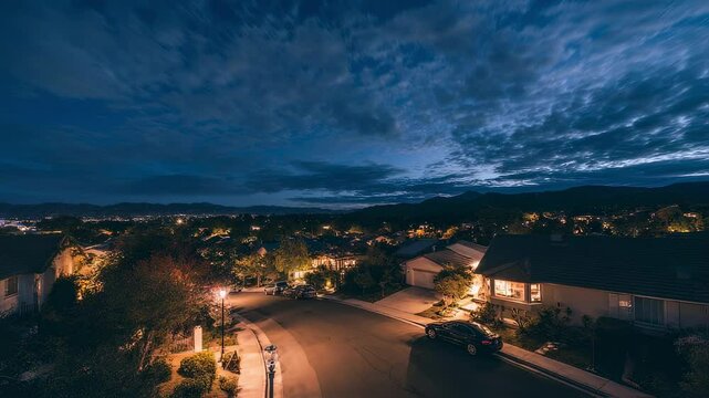 Timelapse of a quiet residential neighborhood with houses and streets gradually lighting up as night falls.