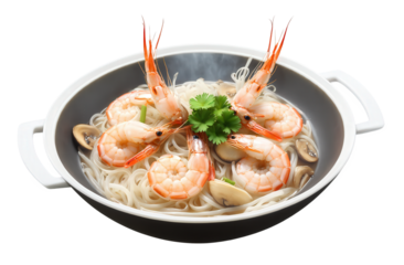 Goong Ob Woon Sen - Thai-style shrimp and glass noodles, cooked with garlic, mushrooms, and soy sauce, steamed to perfection