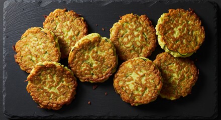 Overhead View of Baked Zucchini Fritters on Slate Tray