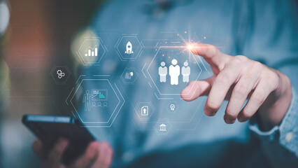 Human Resources Management ,customer reviews, document sharing, and communication bubbles, symbolizing efficient digital transformation in HR, talent acquisition, and employee engagement.