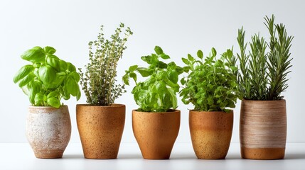 Fresh herbs arranged in terracotta pots showcasing natural greenery in a bright setting