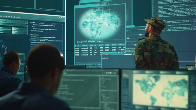 Military hackers working on cyber security in a high tech government center. Focusing on network protection, encryption and preventing cyber attacks to safeguard state secrets. Camera A. - Powered by Adobe