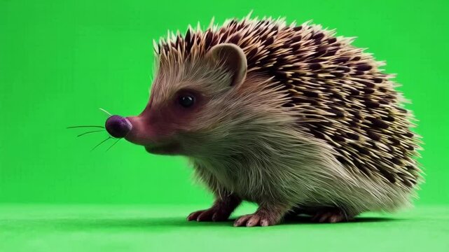 Close up of a hedgehog standing on a green screen looking to the left side of the frame green screen animal video