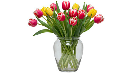 Pink Tulips in Clear Glass Vase Isolated on White Background