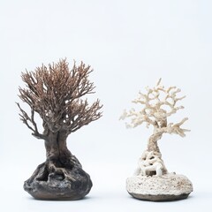 Bonsai trees on a minimalist backdrop