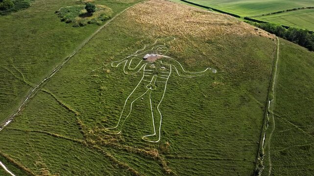  Aerial shot of the Cerne Abbas Giant, a chalk figure on a hillside in Dorset, UK