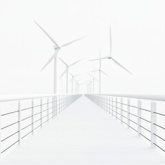 A white, minimalist pathway leads to multiple wind turbines under a bright sky, symbolizing clean energy and sustainability.