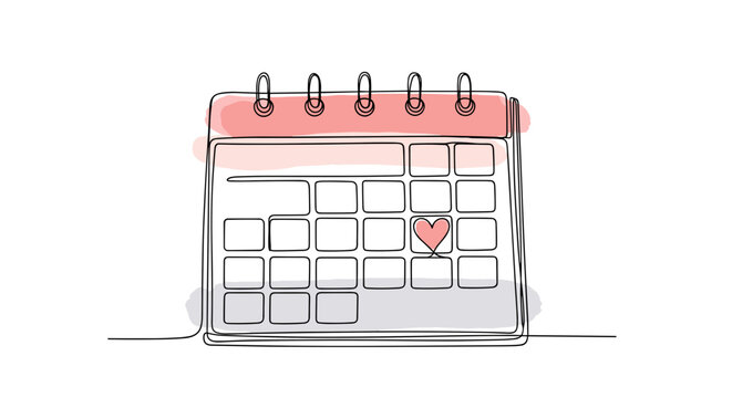  One line doodle drawing of a calendar with a heart on date, watercolor fill in blush pink, coral red and light gray on white background