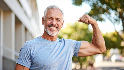 Strong, healthy older man showing off bicep muscles with a happy expression, embracing fitness and an active lifestyle.