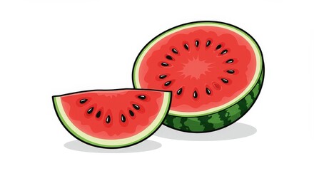 Sliced watermelon showing red flesh and black seeds on white background  